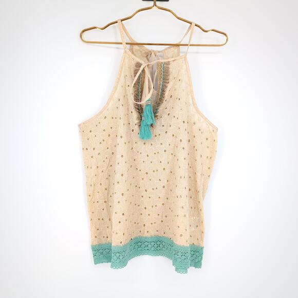 Gypsy Queen Paris Collection Beige & Turquoise Eyelet Halter Top - Size M/L -NWT - Picture 2 of 16